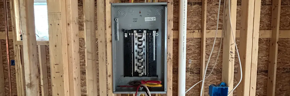 A new load center mounted between studs in a framed-out room, with cable pulled in and labeled on the studs
